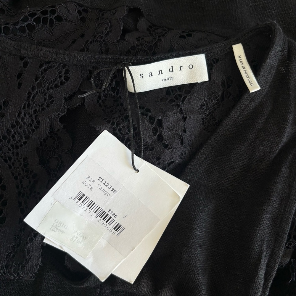 Sandro Paris Tango Lace Back Tank Top Noir Black Linen Blend T11239E Size 3 - Picture 7 of 10